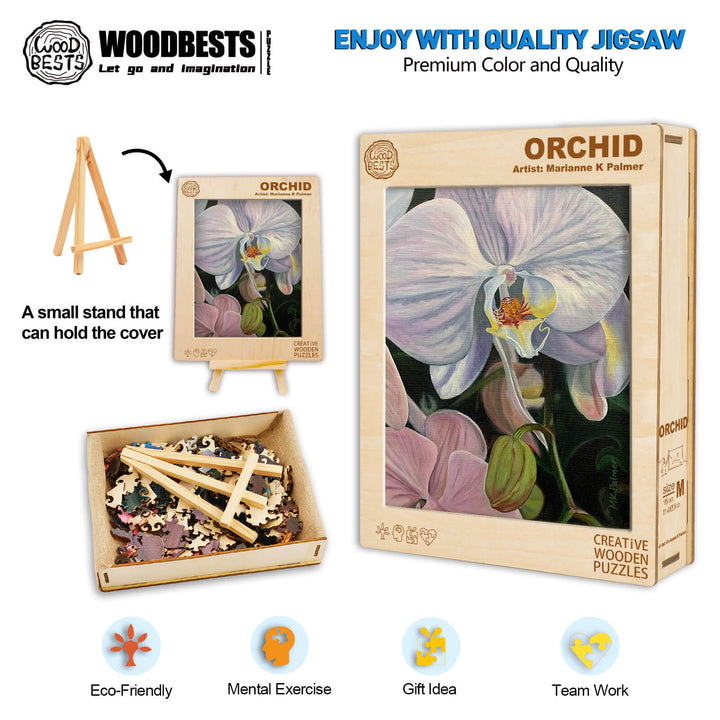 Wooden jigsaw puzzle featuring Orchid artwork by Marianne K Palmer, showcasing premium quality and eco-friendly design.