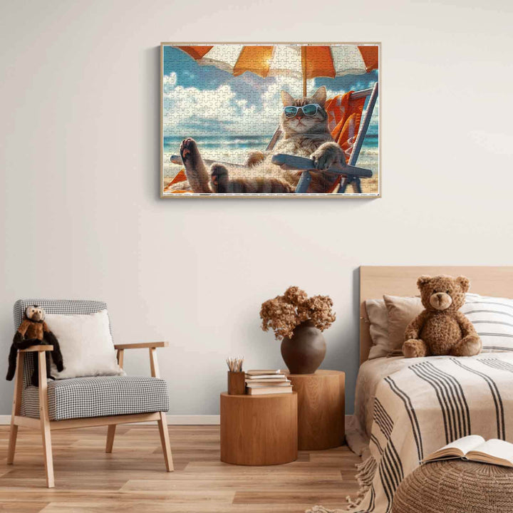 A cozy living room featuring the Holiday Cat puzzle art of a cat relaxing on the beach, emphasizing fun and mind games.