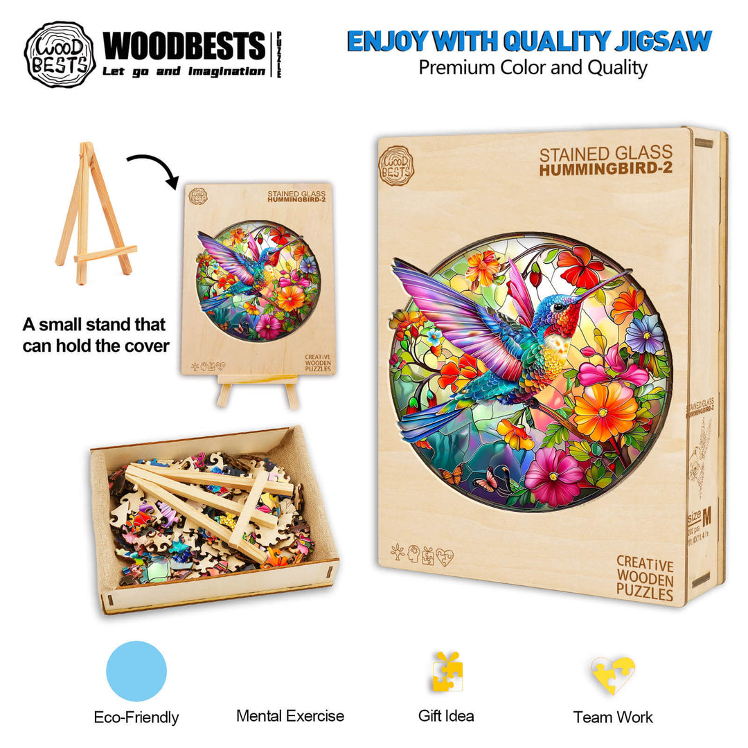 Stained Glass Hummingbird-2 wooden jigsaw puzzle with vibrant colors and eco-friendly packaging, promoting mental exercise and teamwork.