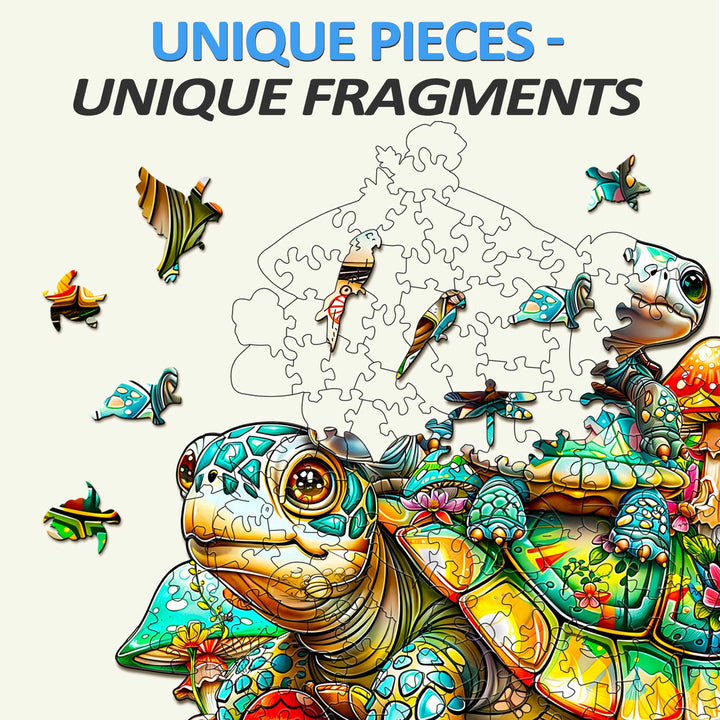 Colorful turtle family wooden jigsaw puzzle pieces showcasing unique fragments and marine life.