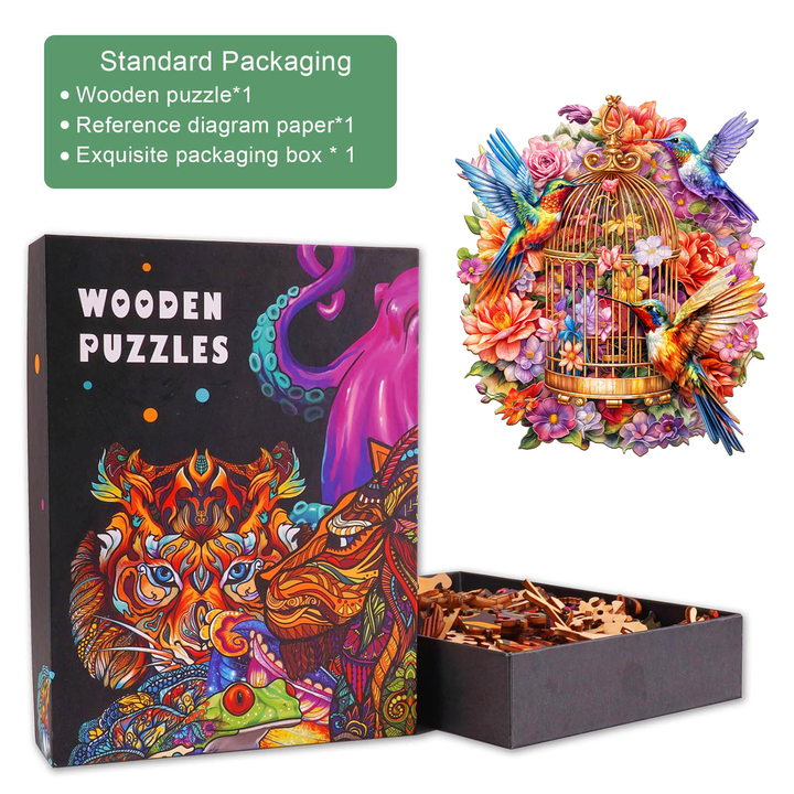 Garden Symphony wooden jigsaw puzzle box with colorful artwork and pieces inside, ideal for brain training and focus.