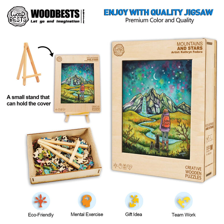 Mountains and Stars jigsaw puzzle by artist Kathryn Fedora, eco-friendly, creative wooden puzzle, premium quality and color.