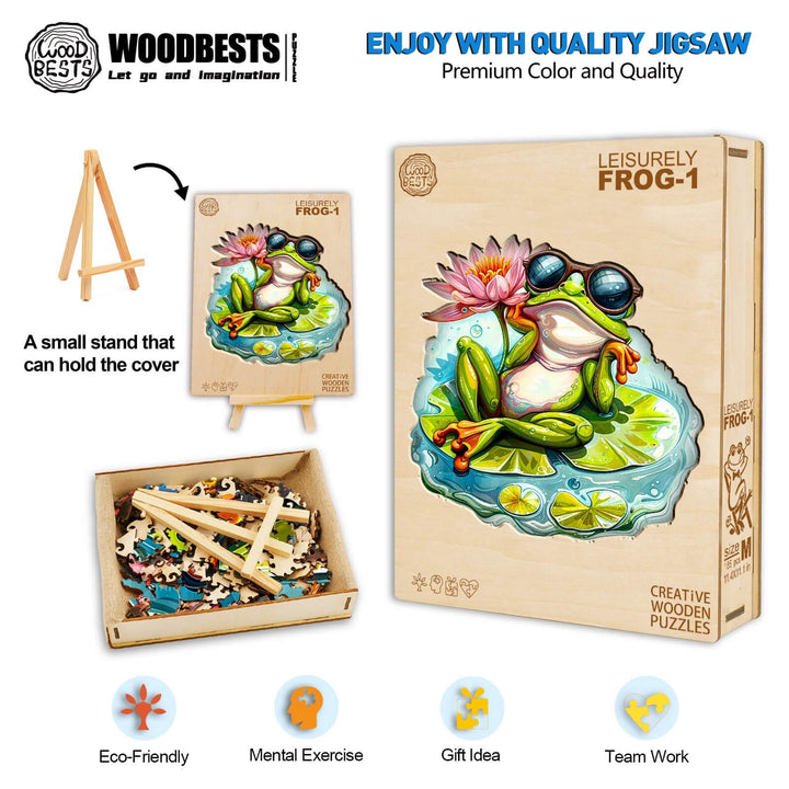 Leisurely Frog-1 wooden jigsaw puzzle with eco-friendly design, perfect for mental exercise and gifting.