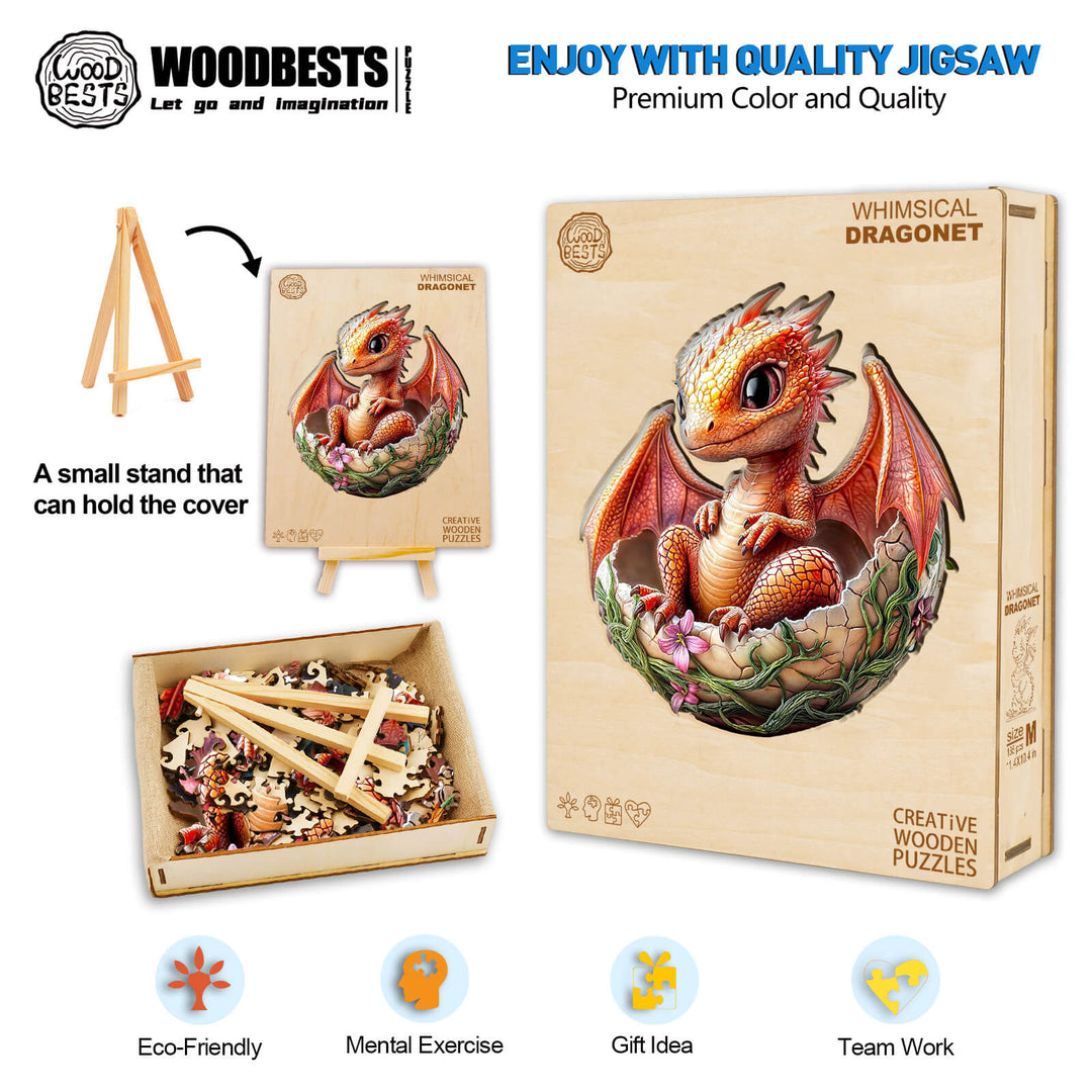 Whimsical Dragonet Wooden Jigsaw Puzzle with a colorful dragon design, promotes mental exercise and teamwork in a giftable format.