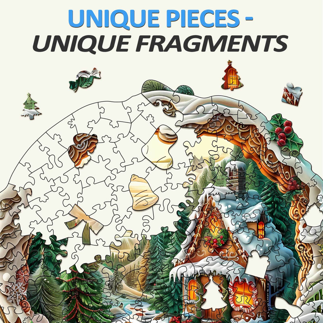 Detailed view of 3D Christmas House-1 wooden jigsaw puzzle pieces showcasing unique shapes and winter-themed fragments.