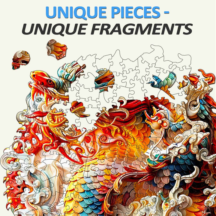 Close-up of a unique 3D jigsaw puzzle featuring vibrant Chinese dragon design and intricate puzzle pieces.