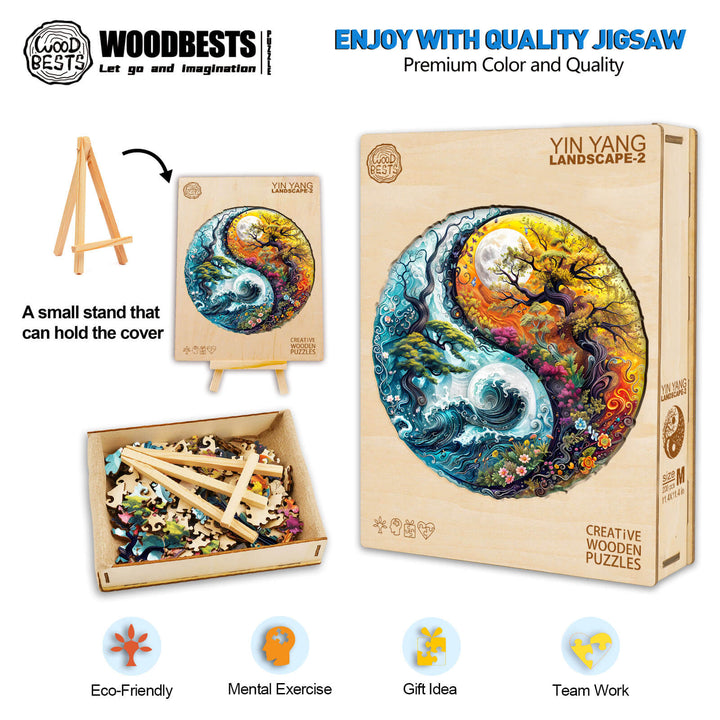 Yin Yang Landscape-2 wooden jigsaw puzzle with colorful pieces, ideal for mental exercise and teamwork, eco-friendly design.