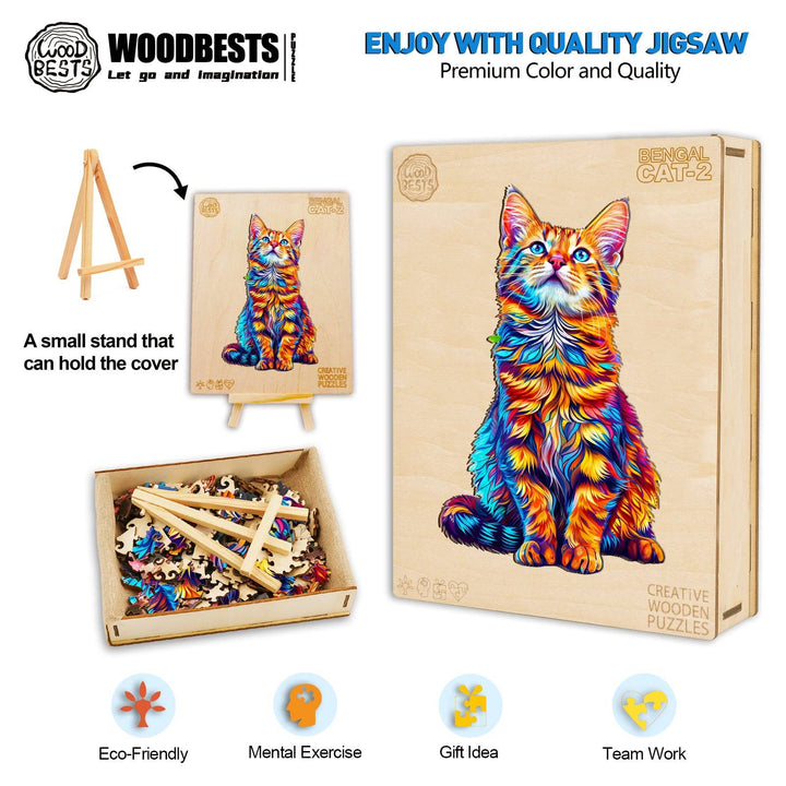 Colorful Bengal Cat-2 wooden jigsaw puzzle, eco-friendly, mental exercise, ideal gift and team activity.