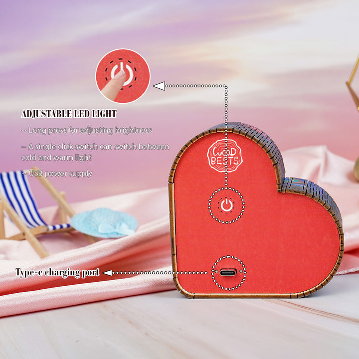 3D wooden puzzle night light in heart shape with adjustable LED features and USB power supply.