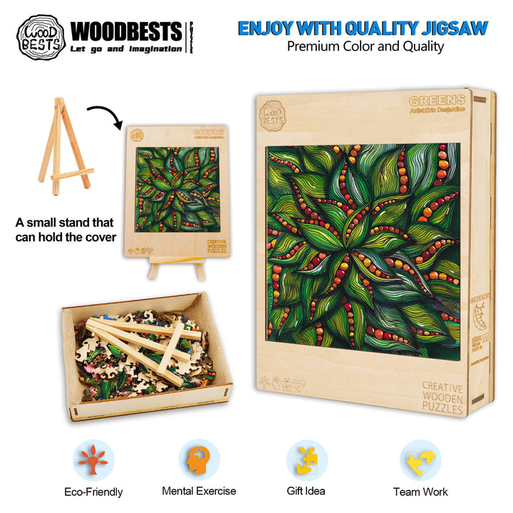 Greens jigsaw puzzle by Erin Desjardine showcasing vibrant art, eco-friendly tools, and a display stand for creative fun.