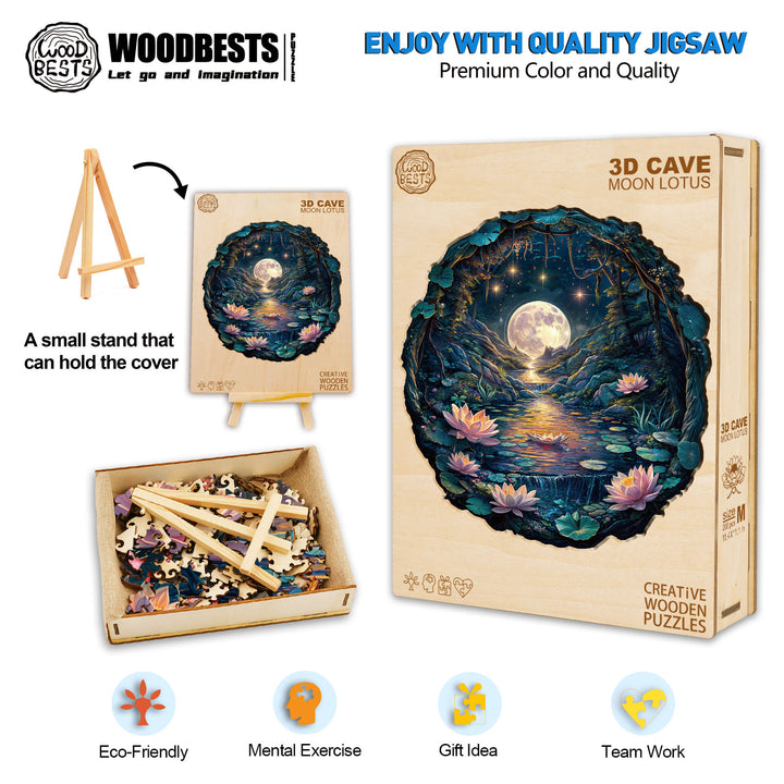 3D Cave Moon Lotus wooden jigsaw puzzle in box with pieces, showcasing a mystical cave scene and lotus flowers.