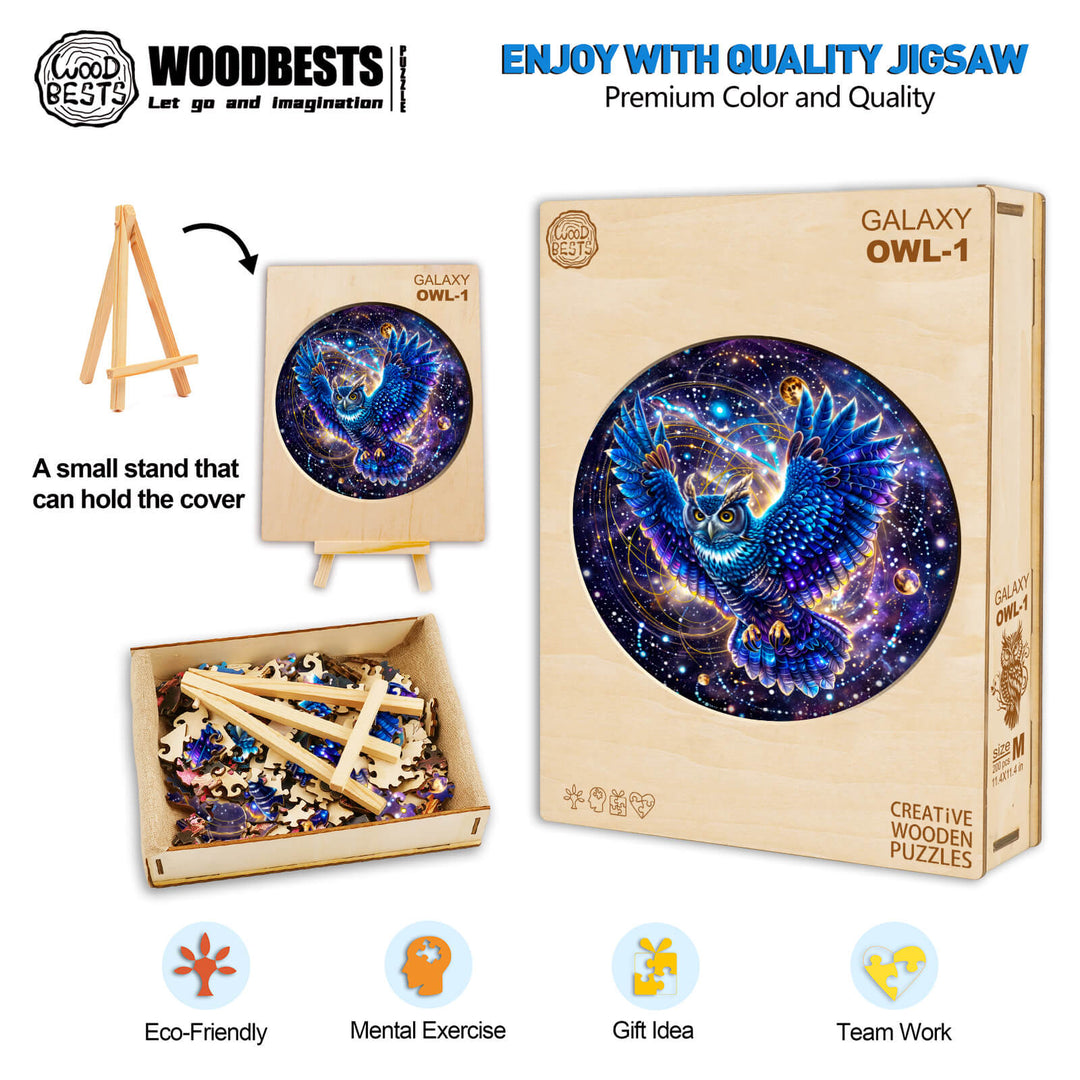Galaxy Owl-1 wooden jigsaw puzzle featuring vibrant colors; eco-friendly, perfect for mental exercise and teamwork.