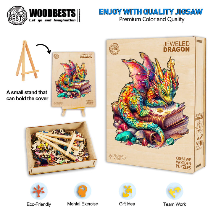 Jeweled Dragon Wooden Jigsaw Puzzle with vibrant colors and eco-friendly materials for mental exercise and teamwork.