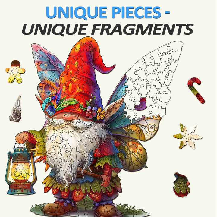 Colorful Christmas Gnome wooden jigsaw puzzle pieces showcasing unique designs and fragments.
