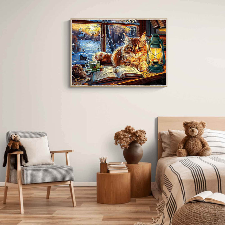 Cozy indoor scene with a cat, lantern, and open book, evoking warmth and comfort in winter decor.