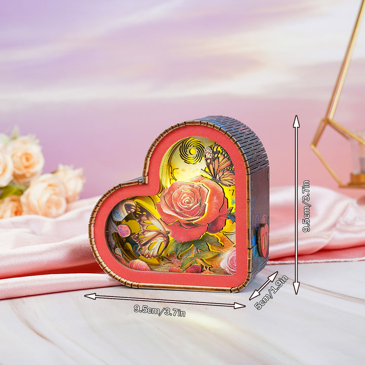 Heart-shaped 3D wooden puzzle night light featuring a colorful rose design, dimensions: 9.5cm x 9.5cm x 5cm.