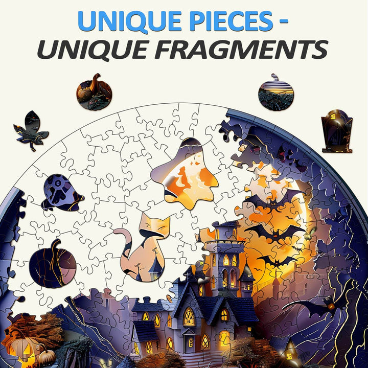 Close-up of 3D Halloween Castle-2 wooden jigsaw puzzle pieces showcasing unique shapes and colorful fragments.