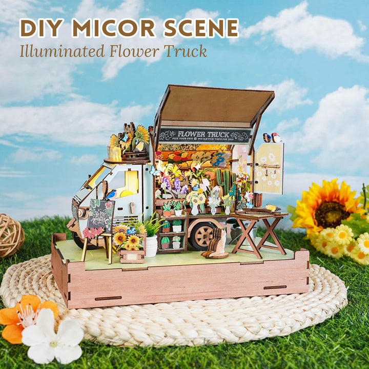 Illuminated DIY flower truck model featuring detailed flower arrangements and crafting elements.