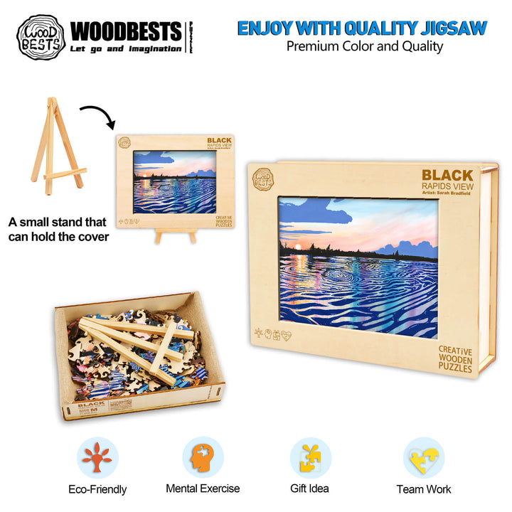 Black Rapids View jigsaw puzzle by Sarah Bradfield, showcasing vibrant colors and eco-friendly materials.