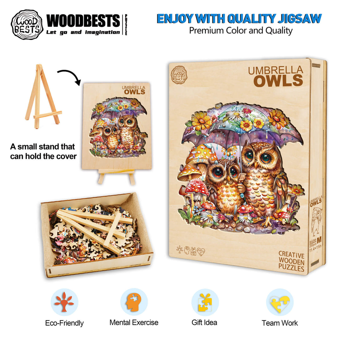 Colorful Umbrella Owls wooden jigsaw puzzle with stand, promoting mental exercise and teamwork.