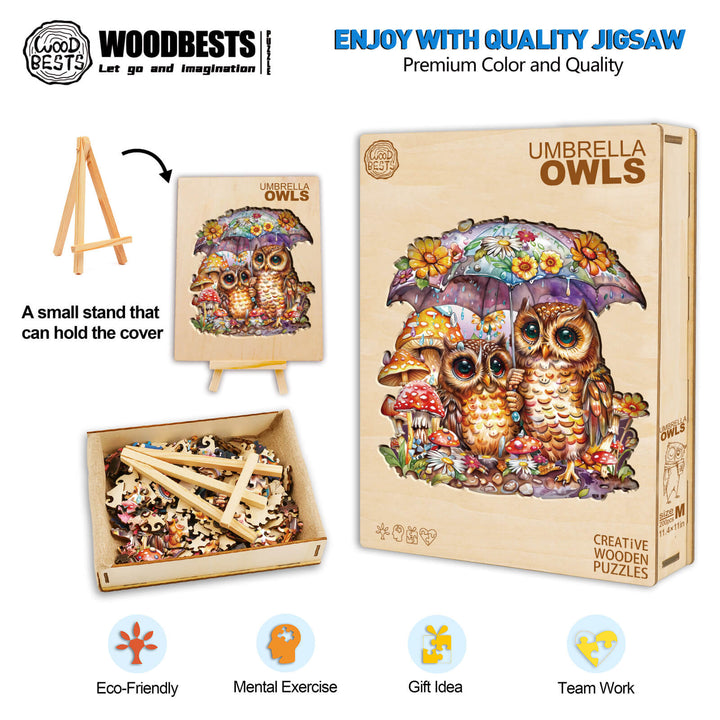 Colorful Umbrella Owls wooden jigsaw puzzle with stand, promoting mental exercise and teamwork.