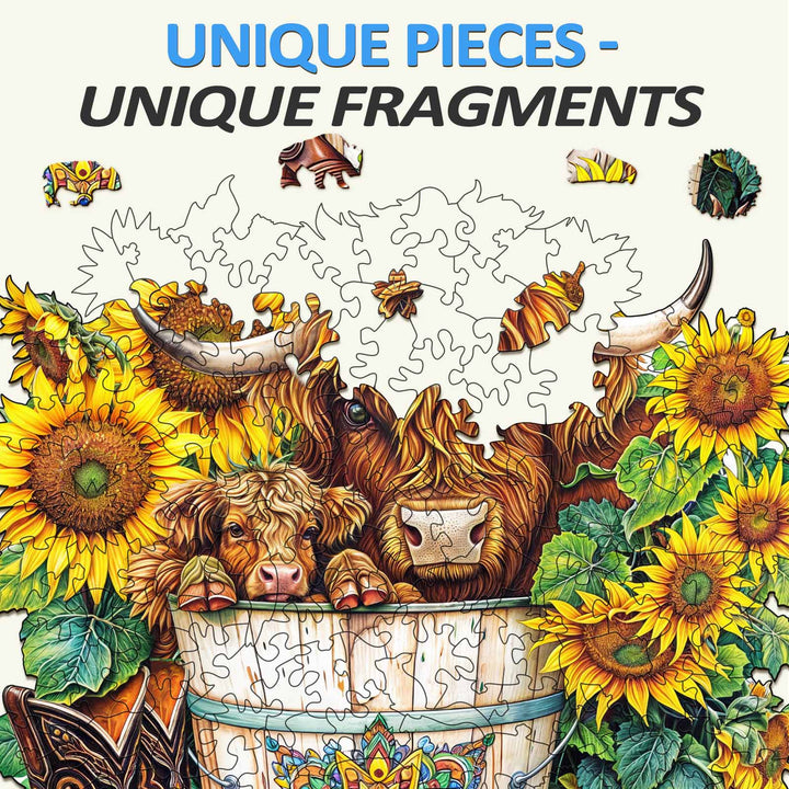 Colorful sunflower pasture jigsaw puzzle showcasing unique pieces and fragments with animals for immersive mind games.