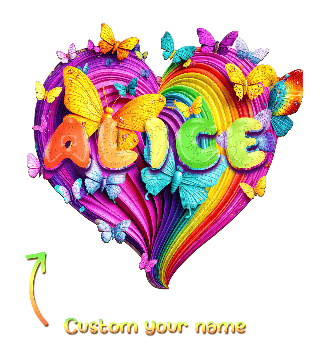 Colorful heart-shaped jigsaw puzzle featuring the name 'Alice' and vibrant butterflies, perfect for personalized gifts.