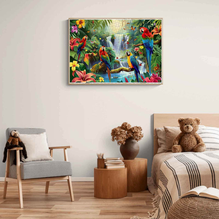 Tropical Rainforest puzzle artwork featuring colorful parrots and lush greenery in a living room setting.