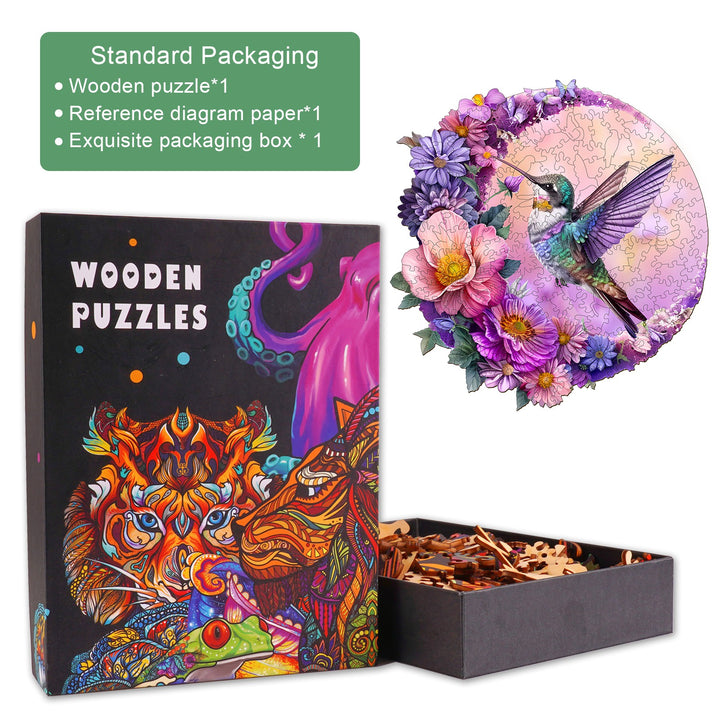 Hummingbird and Moon wooden jigsaw puzzle with colorful packaging and puzzle pieces, perfect for mind games and focus.