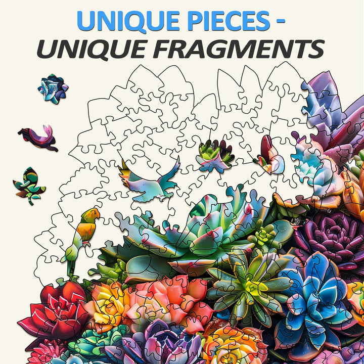 Colorful succulent jigsaw puzzle pieces showcasing unique shapes and vibrant designs for puzzle enthusiasts.