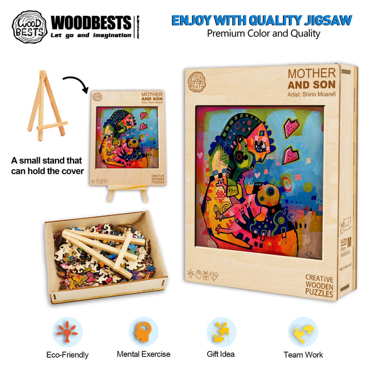 Mother and Son jigsaw puzzle by Shirin Moarefi, featuring vibrant colors and eco-friendly materials for family fun.