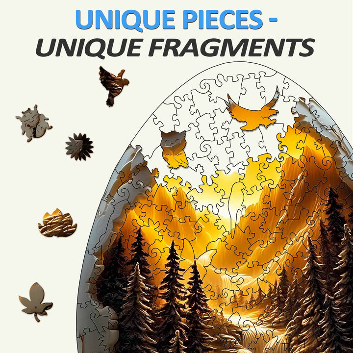 3D Eggshell World-1 wooden jigsaw puzzle featuring unique pieces and stunning sunset imagery.