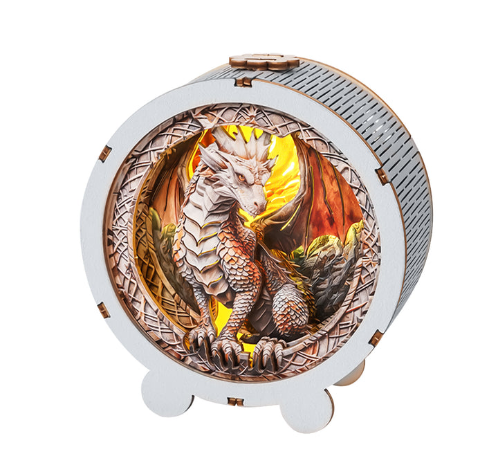 3D wooden puzzle night light featuring an ornate dragon design, glowing softly with warm colors.