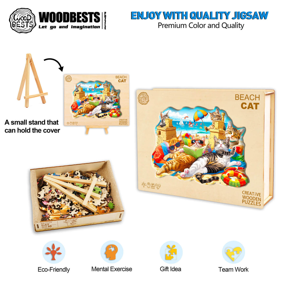 Colorful Beach Cat wooden jigsaw puzzle with pieces, stand, and box showcasing eco-friendly design and fun for all ages.
