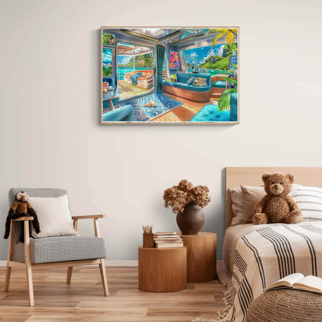 Cozy interior of a luxury yacht featuring a living area, ocean views, modern decor, and relaxing atmosphere.