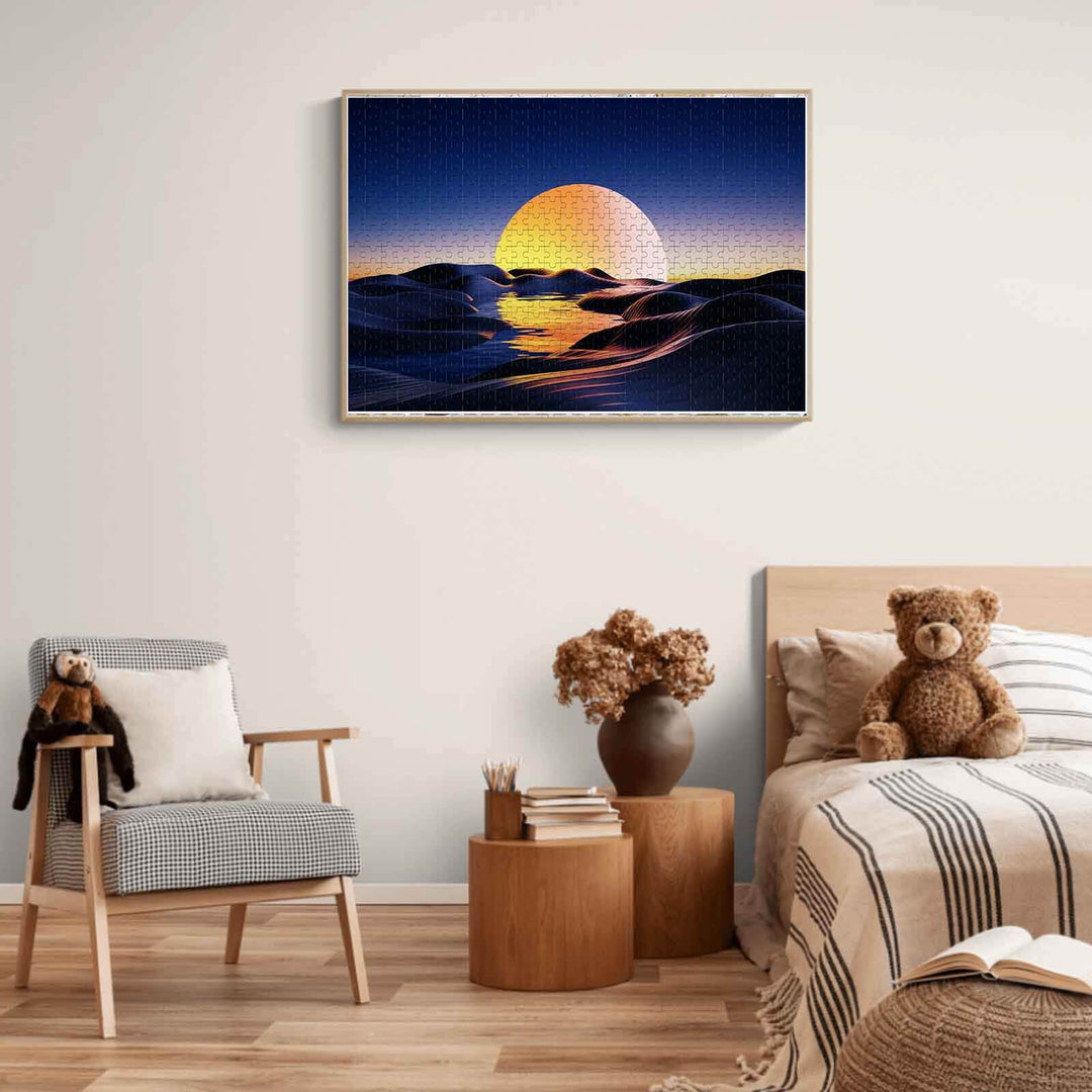 Sunset Desert 500/1000 piece puzzle displayed in a cozy modern room, featuring a vibrant sunset over dunes.