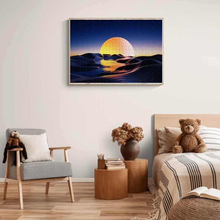 Sunset Desert 500/1000 piece puzzle displayed in a cozy modern room, featuring a vibrant sunset over dunes.