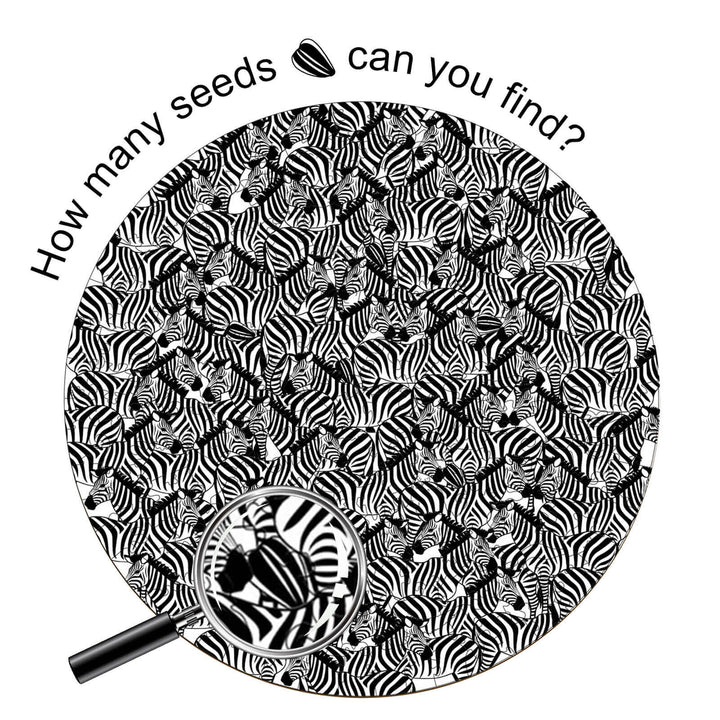 Seek and find Melon seeds puzzle featuring zebra patterns, encouraging focus and exploration in mind games.