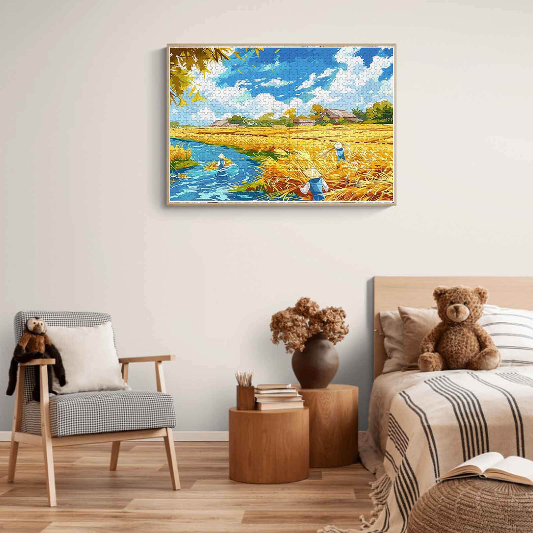 Pastoral Autumn 500/1000 piece puzzle displayed in a cozy room with a scenic landscape of fields and water.
