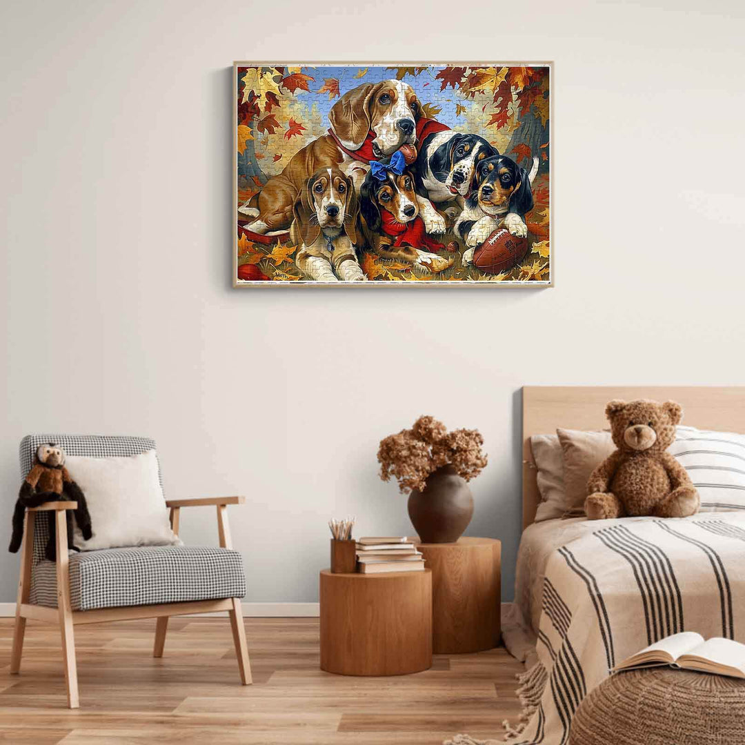 Basset Hound Family jigsaw puzzle displayed in a cozy living room with autumn decor and seating.