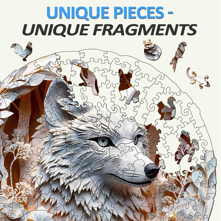 3D Wolf-1 wooden jigsaw puzzle featuring unique pieces and fragments for focused, engaging mind games.