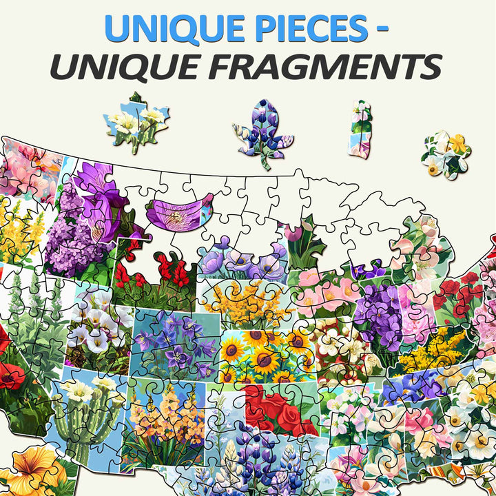 USA State Flowers Wooden Jigsaw Puzzle showcasing unique puzzle pieces featuring various state flowers.