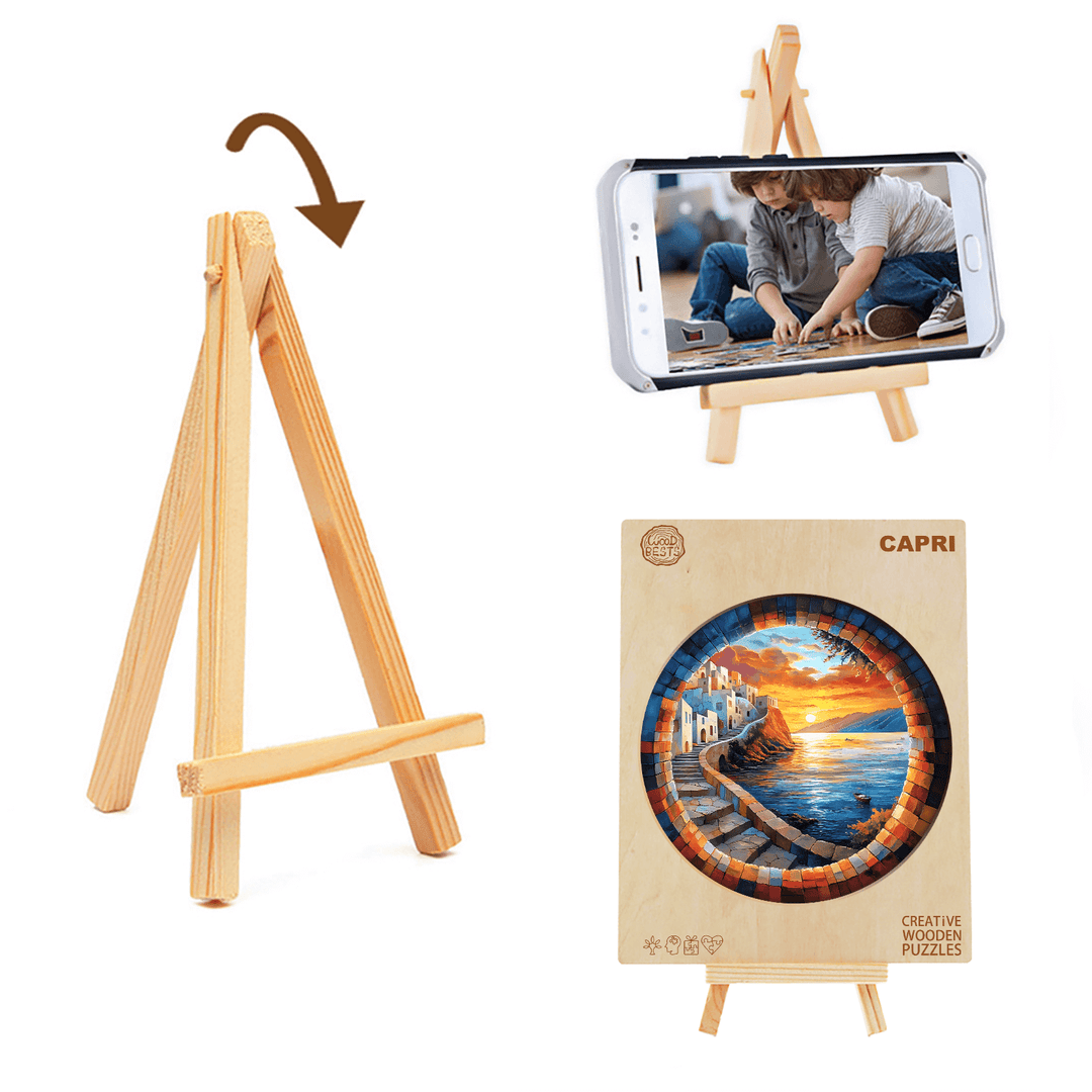 Capri wooden jigsaw puzzle framed on a display easel, promoting focus and creativity in puzzle solving.