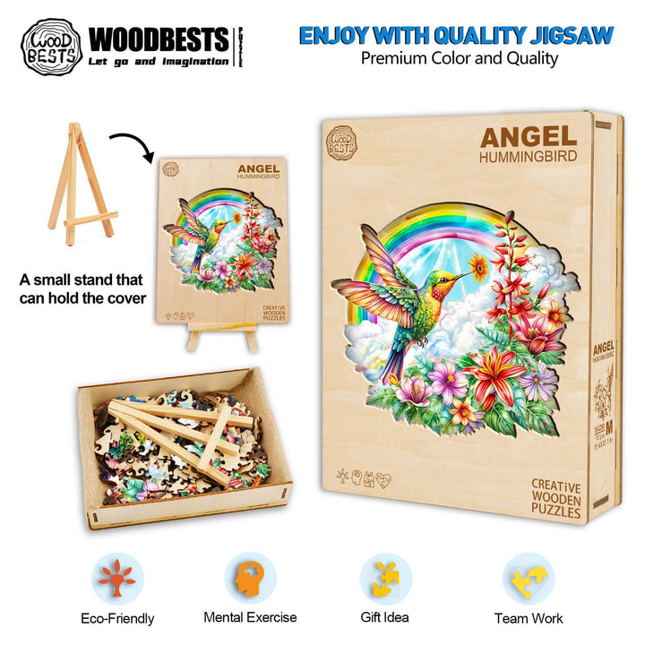 Angel Hummingbird wooden jigsaw puzzle with vibrant colors, eco-friendly design, and stand for display. Perfect gift idea.