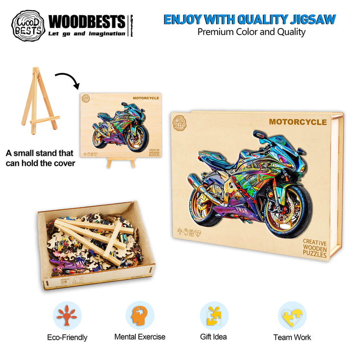 Motorcycle wooden jigsaw puzzle with colorful design, promotes focus and teamwork, eco-friendly and perfect as a gift.