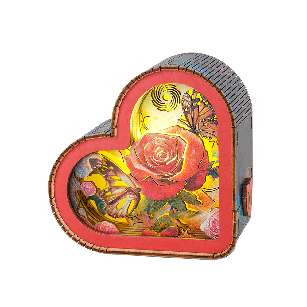 3D wooden puzzle night light in heart shape featuring a rose and colorful butterflies, ideal for home decor.