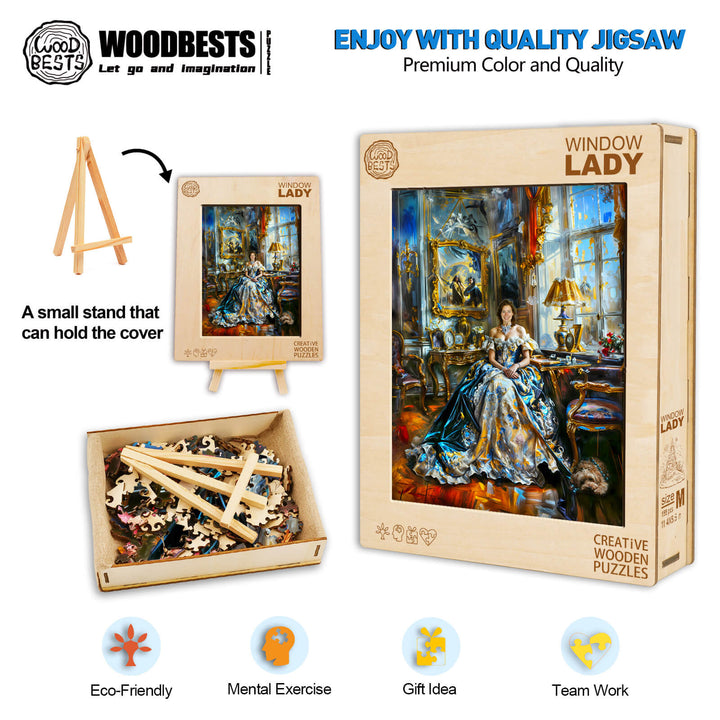 Custom wooden jigsaw puzzle featuring the Window lady design, offering high quality and charm for puzzle enthusiasts.