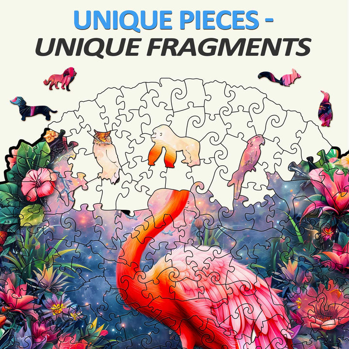 Elegant Flamingo Wooden Jigsaw Puzzle featuring unique, colorful pieces amidst vibrant floral design.