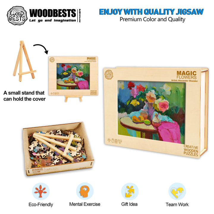 Magic Flowers jigsaw puzzle by Alexander Shandor, featuring a colorful floral design and eco-friendly wooden pieces.