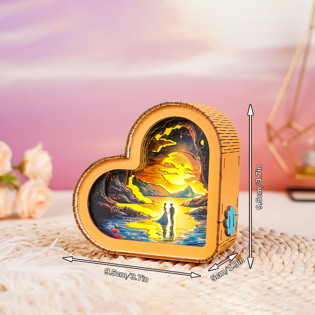 Heart-shaped 3D wooden puzzle night light featuring a couple by the river, dimensions: 9.5cm x 9.5cm x 5cm.